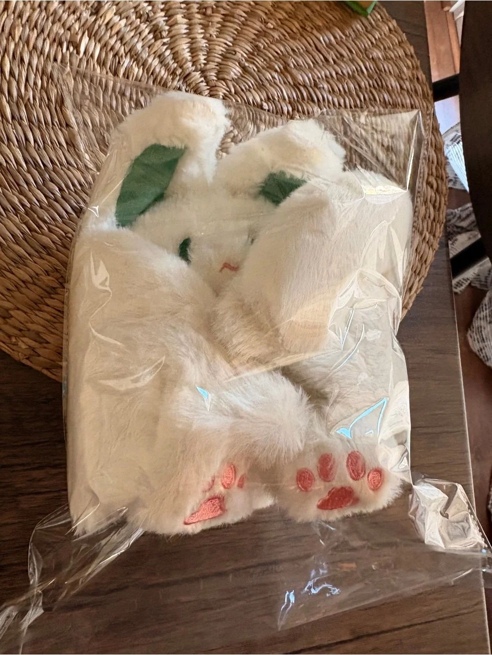 Plush White Bunny Bat Kids with Tail with Pink Paw Accents